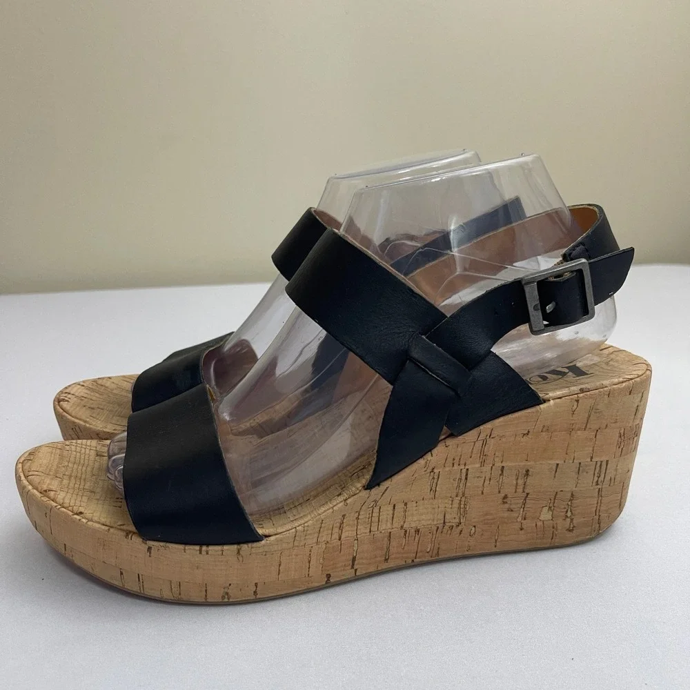 Korks Kork Ease Austin Platform Wedge Sandals Black Leather Ankle Strap Size 9 - Picture 3 of 9